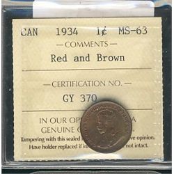 1934 1¢ ICCS MS63RB.  Wine red issue.Catalogue Value:  75