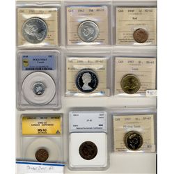 1938 1¢ MS64RD, 1942 50¢ AU55, 1965 $1 T5 AU55, 1986 $1 Nic PF67 UHC, 1997 $1 Loon & Flying Loon all