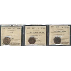 1939 1¢ MS65RD, 1953 SF MS63RB & 1947 ML Ptd MS63RD.  Lot of 3 ICCS coins.Catalogue Value:  125