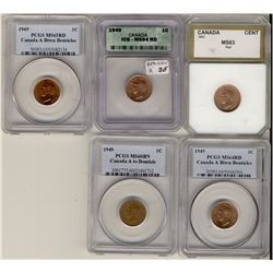 1943 1¢, 1949 A Betw(3), 1949 A to MS60.  Lot of 5 graded coins by different services UNC60 to UNC65