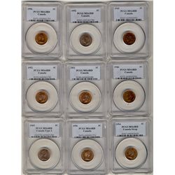 1945 1¢, 1952, 1956 MS63, 1946, 1951, 1952, 1954, 1956 & 1965 T3 MS64.  Lot of 9 PCGS graded coins.C