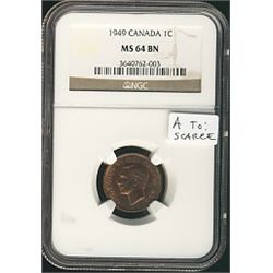 1949 1¢ NGC MS64BN.  Should be designated as A to Denticle and RB wit lustre.Catalogue Value:  250