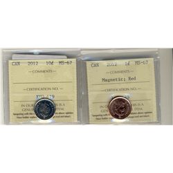 2012 1¢ Magnetic & 10¢ ICCS MS67.  Lot of 2 coins.Catalogue Value:  180