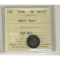 1858 5¢ Sml Date ICCS AU50.Catalogue Value:  160