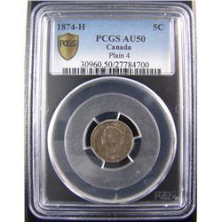 1874H Plain 5¢ PCGS AU50, brilliant and lustrousCatalogue Value:  375