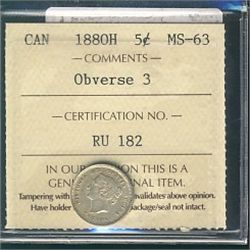 1880H 5¢ Obv 3 ICCS MS63.Catalogue Value:  1100