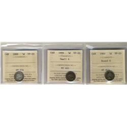 1886 5¢ Sml6, 1888 & 1900 Rd 0 ICCS VF20.  Lot of 3 coins.Catalogue Value:  185