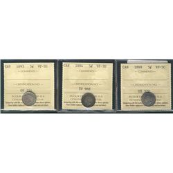 1893 5¢, 1894 & 1899 ICCS VF30.  Lot of 3 coins.Catalogue Value:  300
