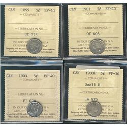 1899 5¢, 1901 & 1903 ICCS EF40.  Also includes 1903H Sml H VF30.  Lot of 4 coins.Catalogue Value:  1