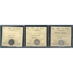1899 5¢, 1901 & 1909 Ptd Lvs ICCS EF40.  Lot of 3 coins.Catalogue Value:  230