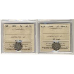 1899 5¢ EF45 & 1907 AU50.  Lot of 2 coins both ICCS graded.Catalogue Value:  90