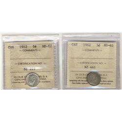 1902 5¢ & 1912 ICCS MS62.  Lot of 2 coins.Catalogue Value:  165