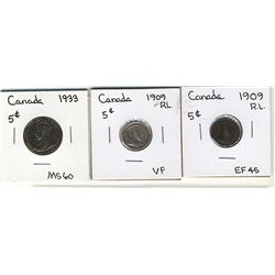1909 5¢ RL(2) & 1933.  Lot of 3 coins EF to AU.Catalogue Value:  150