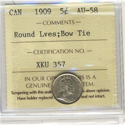 1909 5¢ RL, Bow Tie AU58.Catalogue Value:  250