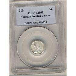 1910 5¢ Ptd Lvs PCGS MS63.  Blast white.Catalogue Value:  150
