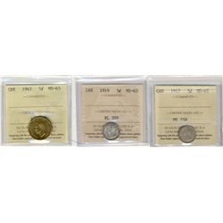 1917 5¢, 1919 & 1943 Tom ICCS MS63.  Lot of 3 coins.Catalogue Value:  220