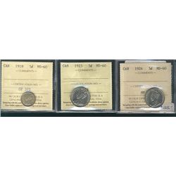 1918 5¢, 1923 & 1924 ICCS MS60.  Lot of 3 coins.Catalogue Value:  350