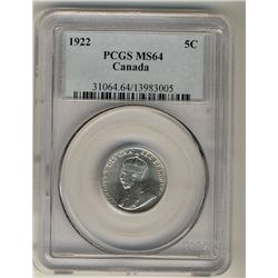 1922 5¢ PCGS MS64.Catalogue Value:  275
