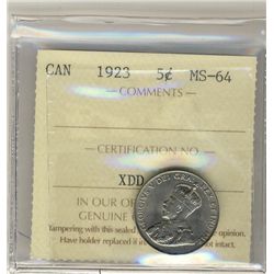 1923 5¢ ICCS MS64.Catalogue Value:  1000