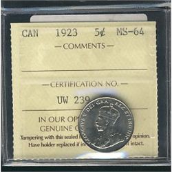 1923 5¢ ICCS MS64.Catalogue Value:  1000