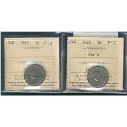 1925 5¢ & 1926 Far ICCS F12.  Lot of 2 key coins.Catalogue Value:  300