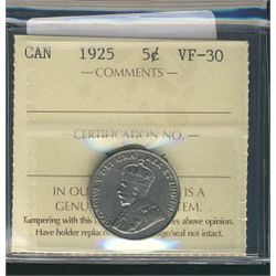 1925 5¢ ICCS VF30.Catalogue Value:  255
