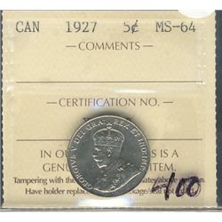 1927 5¢ ICCS MS-64.Catalogue Value:  380