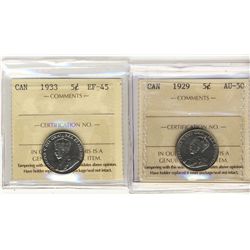 1929 5¢ AU & 1933 EF45.  Lot of 2 ICCS coins.Catalogue Value:  85