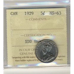 1929 5¢ ICCS MS63.Catalogue Value:  240