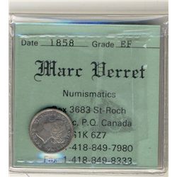 1858 10¢ Lustrous EF with light gold tint.Catalogue Value:  165