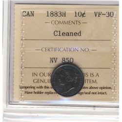 1883H 10¢ Obv 3 ICCS VF30.  Designated cleaned.Catalogue Value:  575