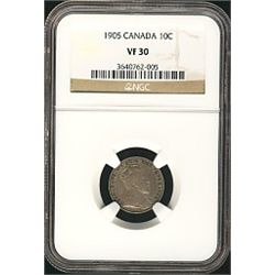 1905 10¢ NGC VF30.Catalogue Value:  125