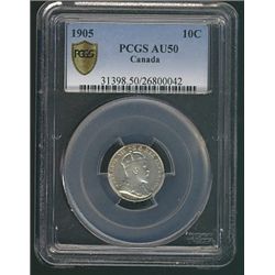 1905 10¢ PCGS AU50.  Lots of lustre.Catalogue Value:  350