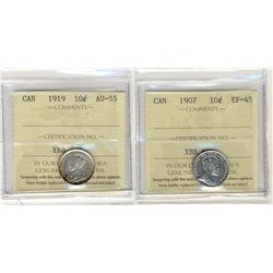 1907 10¢ EF45 & 1919 AU55.  Lot of 2 ICCS graded coins.Catalogue Value:  140