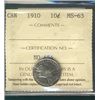 Image 1 : 1910 10¢ ICCS MS63. Scattered gold tones with strong lustre.Catalogue Value:  450