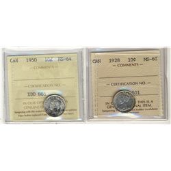 1928 10¢ MS60 & 1950 MS64.  Lot of 2 ICCS graded coins.Catalogue Value:  125