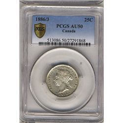 1886 25¢ Obv 5 6 over 3 PCGS AU50.  Very scarce variety, rarely seen better.Catalogue Value:  2000