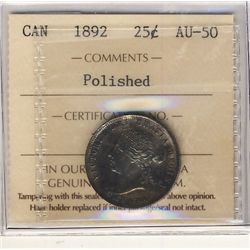 1892 25¢ ICCS AU50.   Designated polished.Catalogue Value:  600