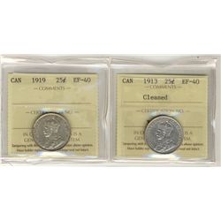 1913 25¢ & 1919 ICCS EF40.  Lot of 2 coins with 1913 designated cleaned.Catalogue Value:  130