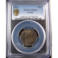 1921 25¢ PCGS MS63, scarce date in choice Uncirculated.  Lightly toned.Catalogue Value:  4000
