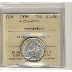 1936 25¢ ICCS AU50.  Designated with scratches.  Looks much better with strong brilliant lustre.Cata