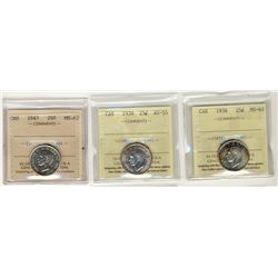 1938 25¢, 1947 MS62 & 1939 AU55 .  Lot of 3 better dates.Catalogue Value:  240