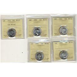 1944 25¢, 1950, 1952 LR, 1955 & 1956 ICCS MS63.  Lot of 5 coins.Catalogue Value:  150