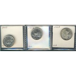 1947 25¢, 1949 & 1958 all BU.  Lot of 3 coins.Catalogue Value:  150