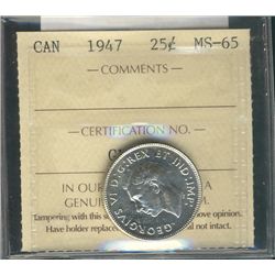 1947 25¢ ICCS MS65.  Sharp eye appeal.  Scarce date in Gem condition.Catalogue Value:  1200