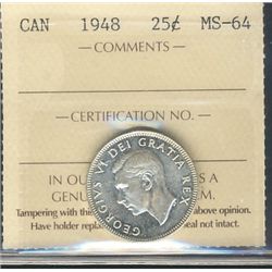 1948 25¢ ICCS MS-64 KEY DATE.Catalogue Value:  260