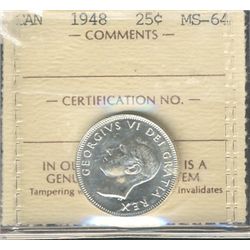1948 25¢ ICCS MS-64 KEY DATE.Catalogue Value:  260