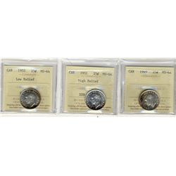 1949 25¢, 1951 HR & 1952 LR ICCS MS64.  Lot of 3 coins.Catalogue Value:  190
