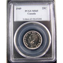 1949 25¢ PCGS MS65, fully white and lustrous.  A nice Gem.Catalogue Value:  600