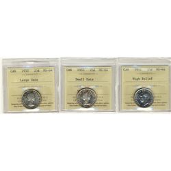 1951 25¢ HR, 1953 SD & 1953 LD ICCS MS64.  Lot of 3 coins.Catalogue Value:  240